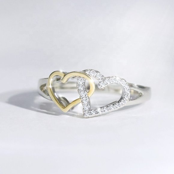 Cubic Zirconia Double Heart Ring in Sterling Silver with 14K  💎925 Silver, 14K Gold Plated Double Heart CZ Ring for Women, GPMB1415